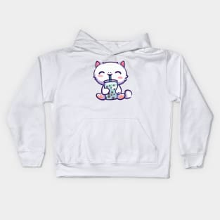 a cute cat holding and drinking boba tea Kids Hoodie